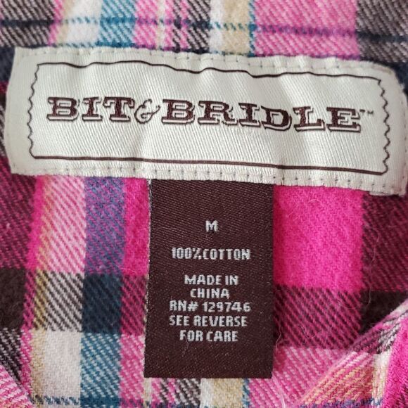 🔺️Bit & Bridle Pink Plaid Flannel Long Sleeve Shirt w/Chest Pockets Medium - Picture 11 of 12